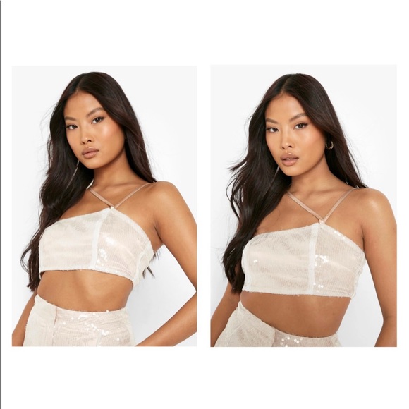 Ivory Sequin Strappy Cutout Crop Top Blouse - Picture 1 of 10